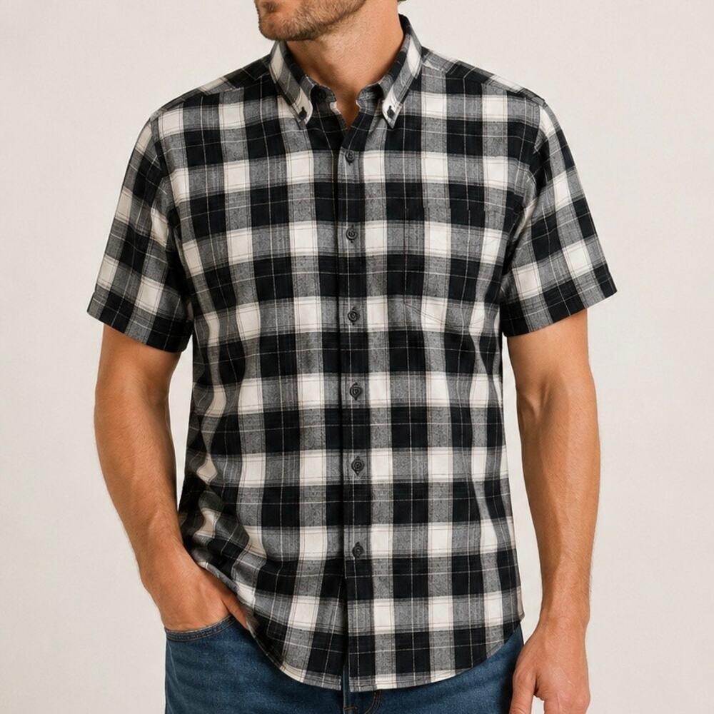 PENDLETON | Black Off‎ White Plaid Virgin Wool Button Shirt Short Sleeve | Small